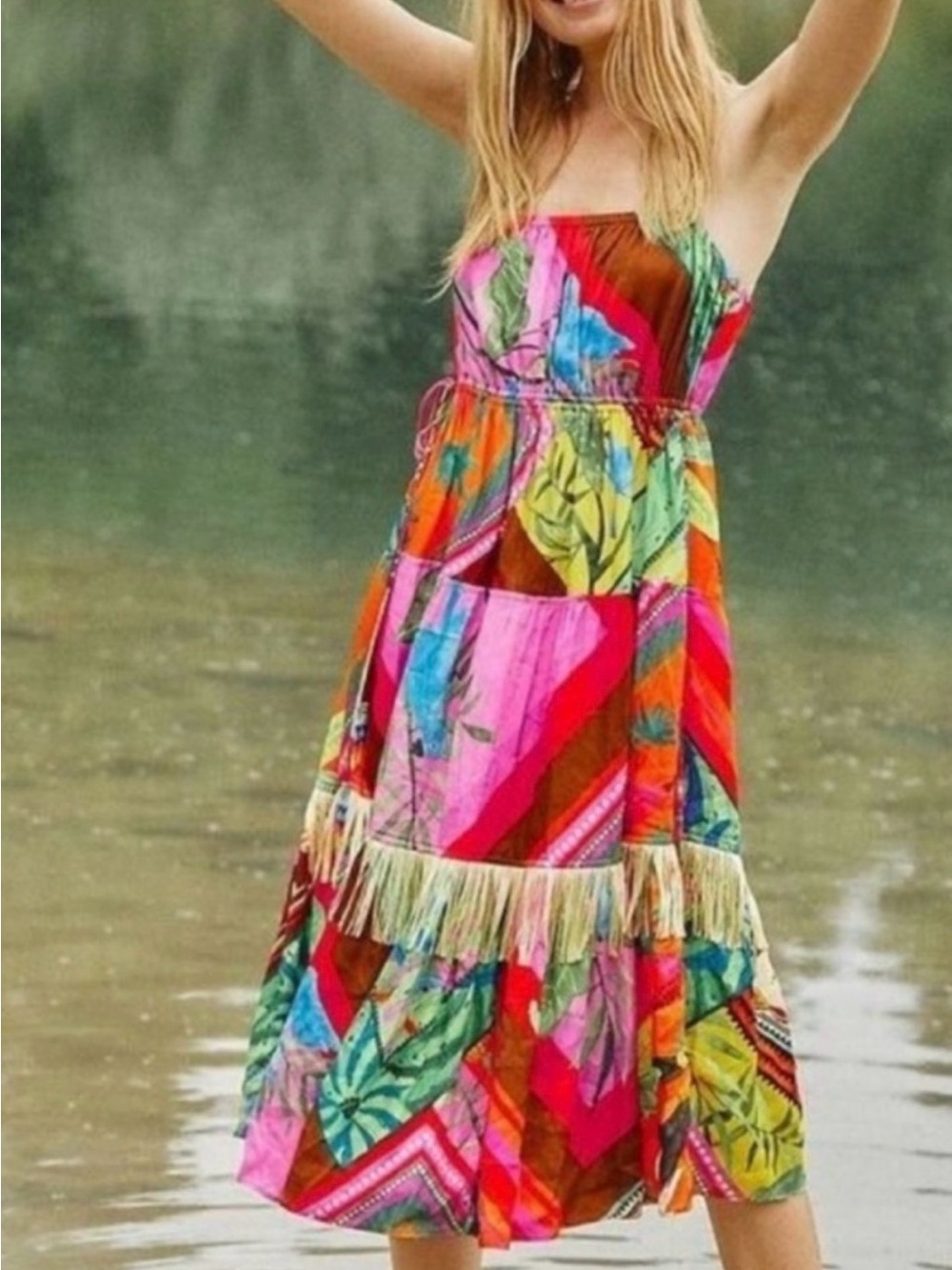 FARM Rio Red Strapless Dress with Fringe Trim